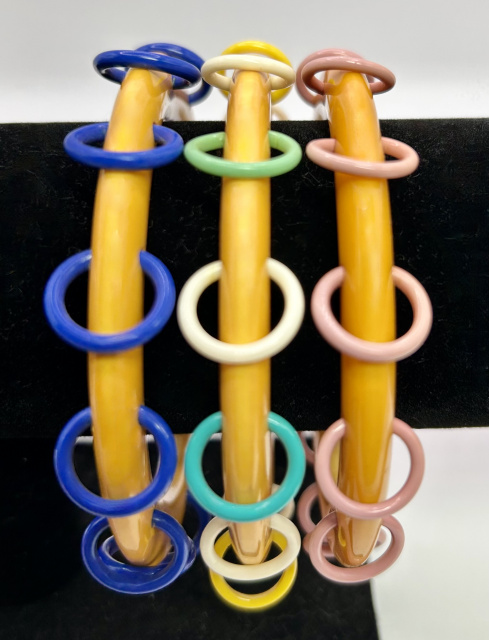 BB349 vintage corn tambourine bakelite bangles with differing celluloid ring colors